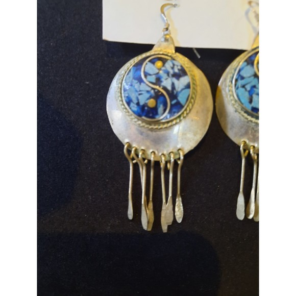 Vintage Mexico, Silver Yin Yang Turquoise Dangle Pierced Earrings - Picture 2 of 5